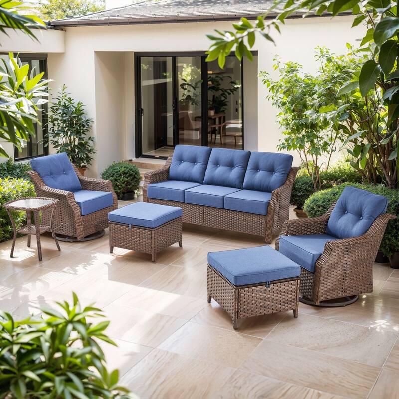 Artisan 6-Piece Patio Brown Wicker Sofa Conversation Set with 6-Inch Thick Cushions - Navy Blue - Brown Wicker