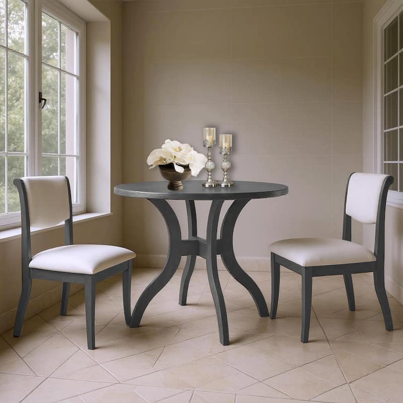 Breakfast Nook Round Dining Table Set with 2 Upholstered Side Chairs - Grey White