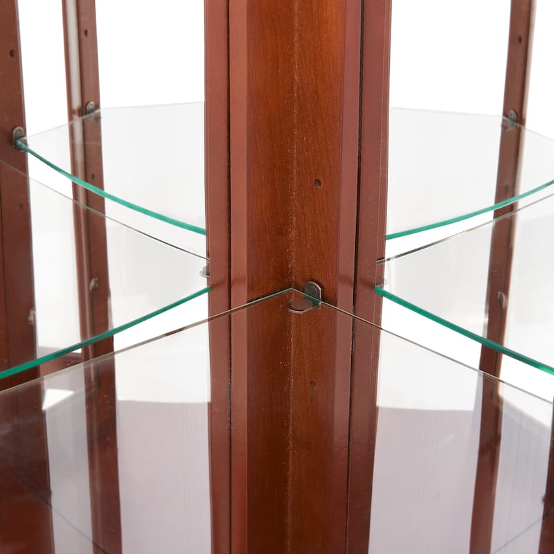 Elegant Walnut Corner Curio Cabinet with Lights, Tempered Glass Shelves, and Mirrored Back for Collectibles