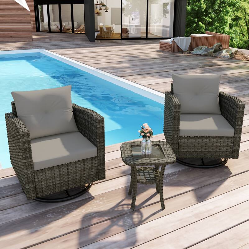 Outdoor Rattan Conversation Swivel Chair Set of 3 with Table - Grey Set