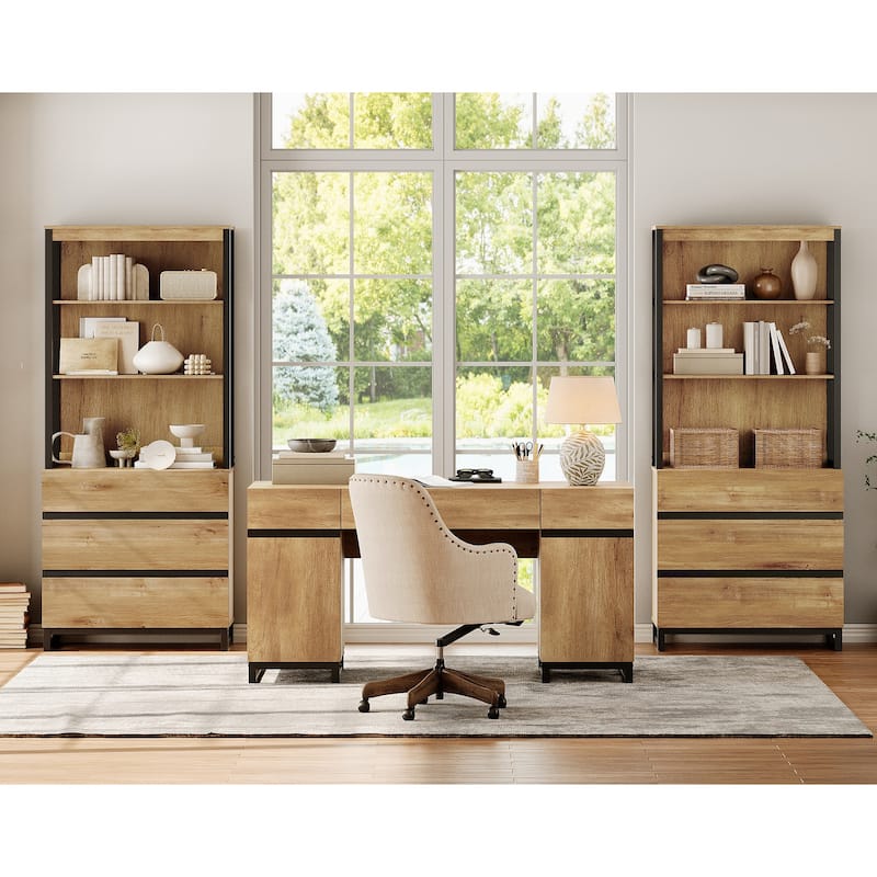 WAMPAT 59" Executive Desk with Charging Station & Storage Cabinet + 72" Tall Bookcase with 6 Drawers.