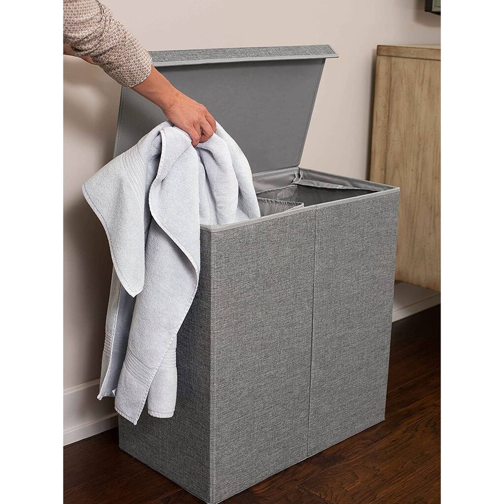 BirdRock Home Double Laundry Hamper with Lid and Removable Liners | Linen | Foldable Hamper | Cut Out Handles