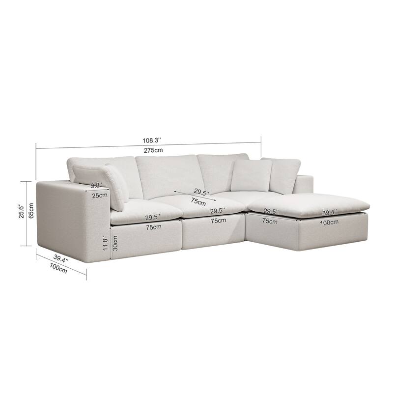 L-Shaped Modular Sectional Sofa with Ottoman, Comfy Plush Corduroy Deep Seat Cloud Couch, Compressed Sofa with Pillows