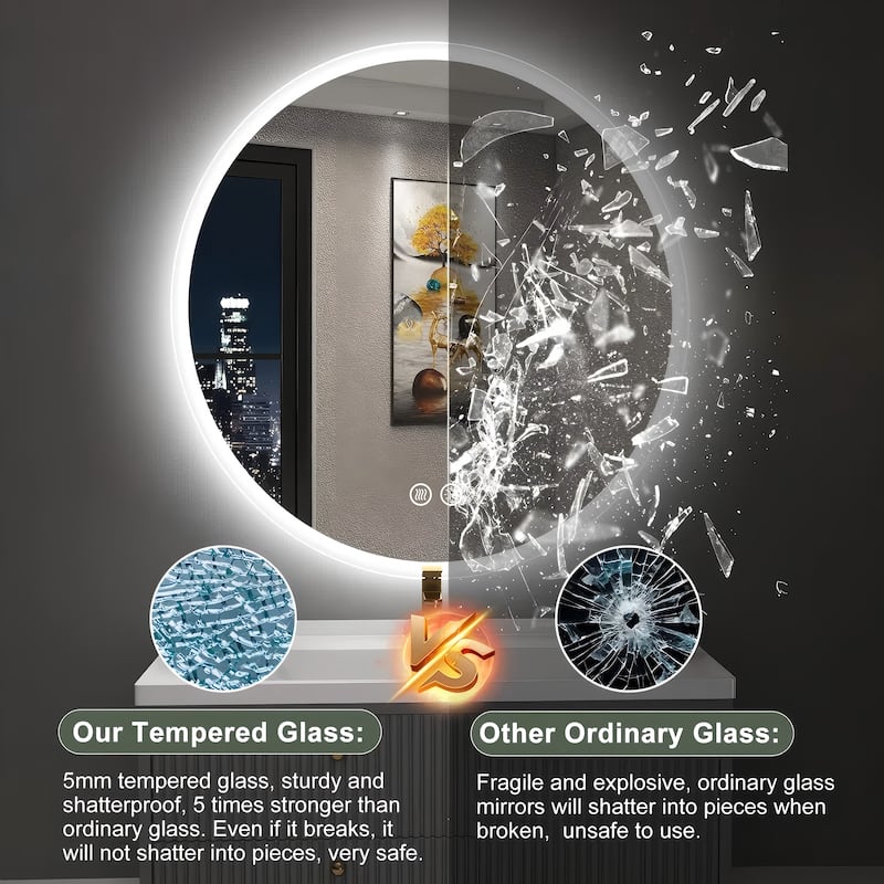 Round LED Lighted Anti-Fog Wall Bathroom Vanity Mirror