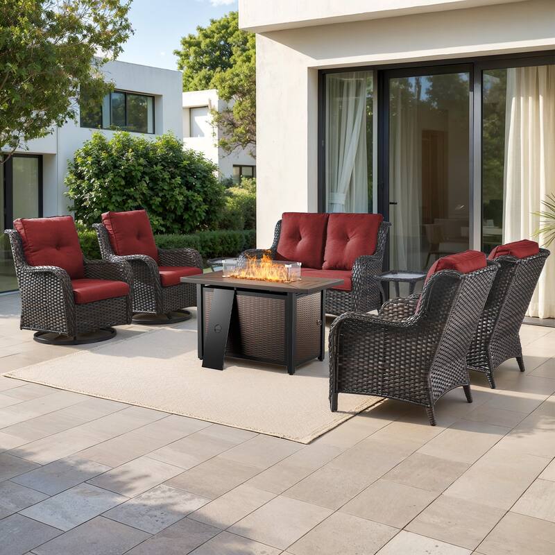 Gymojoy 8-Piece Outdoor Wicker Patio Furniture Set with Swivel Glider Rocker & 55,000 BTU CSA Propane Fire Pit