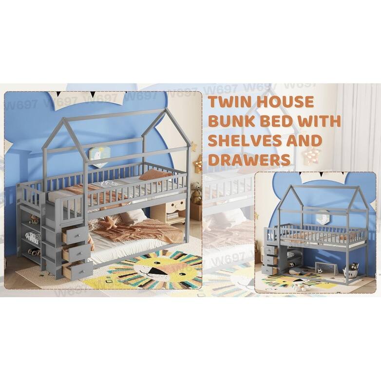 Twin House Bunk Bed with Roof, Storage Shelves, and Drawers for Kids.