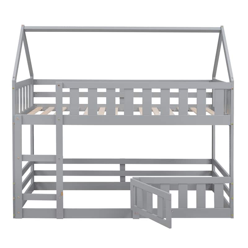 Solid Wood Twin Over Twin House Bunk Bed with Fence and Door
