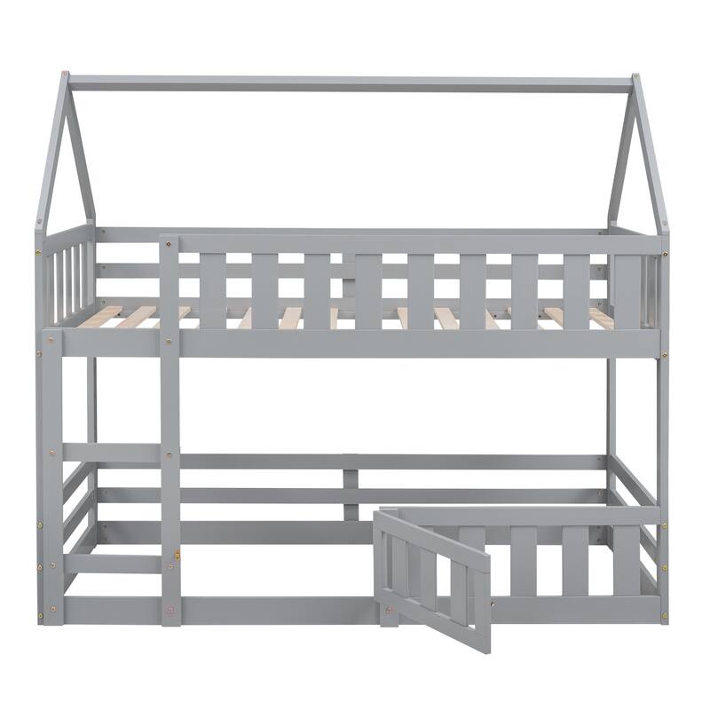 Twin Size House Bunk Bed with Sky Roof, Fence Guardrails, and Door - Solid Pine Wood Construction for Safety