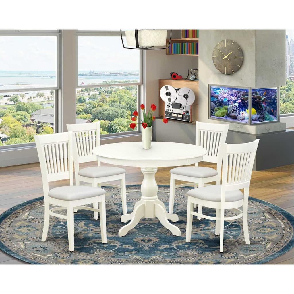 HomeStock 5-Piece Linen White Finish Solid Wood Top Dining table with 4 Chairs with Slat Back