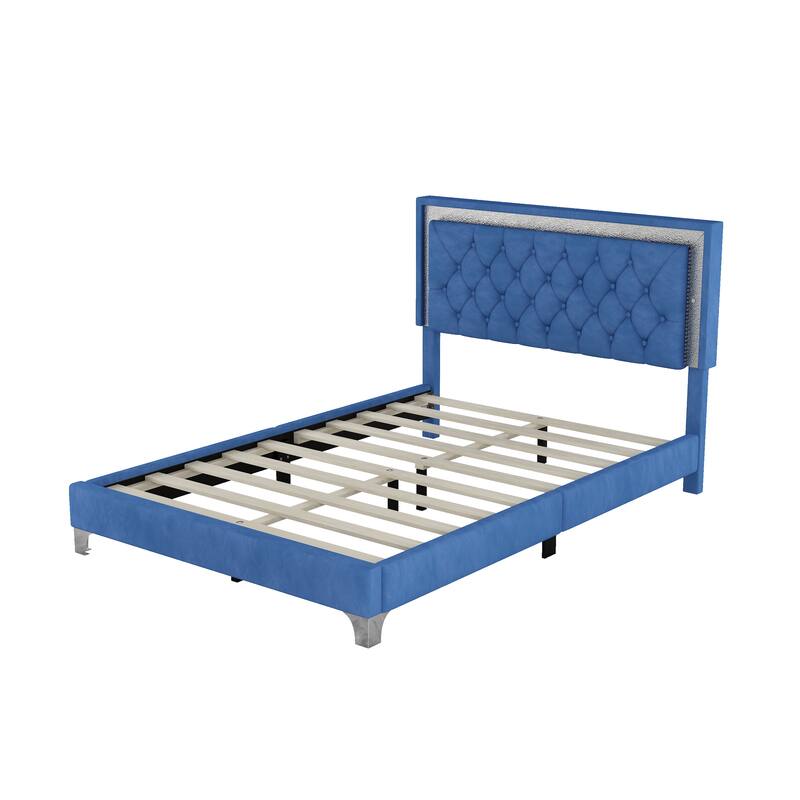 Velvet Platform Bed with Tufted Headboard and LED Lights