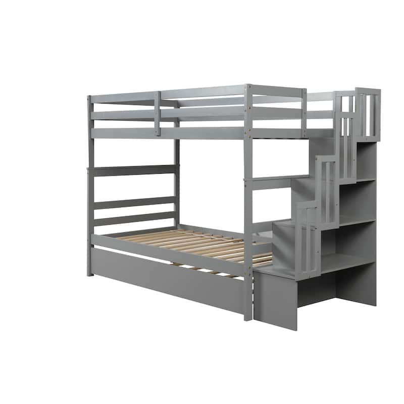 Detachable Twin over Twin Bunk Bed Frame, Solid Wood Bunk Bed with Storage Stairs and Trundle Bed, Divided Into 2 Separate Beds