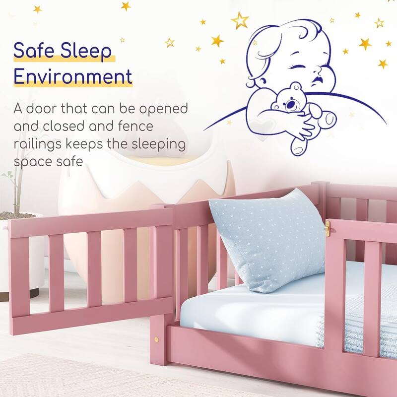 Twin/Full/Queen Size Floor Bed with Safety Guardrails, Toddler Floor Bed for Girls and Boys
