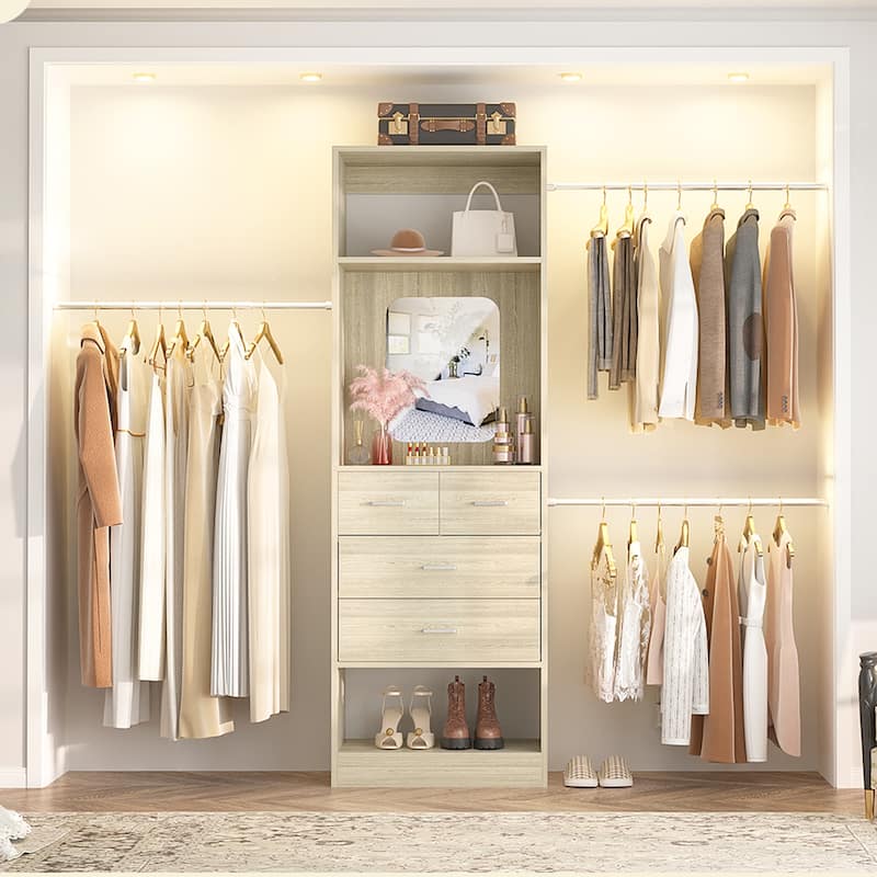 25'' - 96" W Closet System with 4 Wooden Drawers and Mirror, Walk-in Closet Organizer Kits with 3 Extendable Hanging Rods - Without Wing Shelves - White Oak