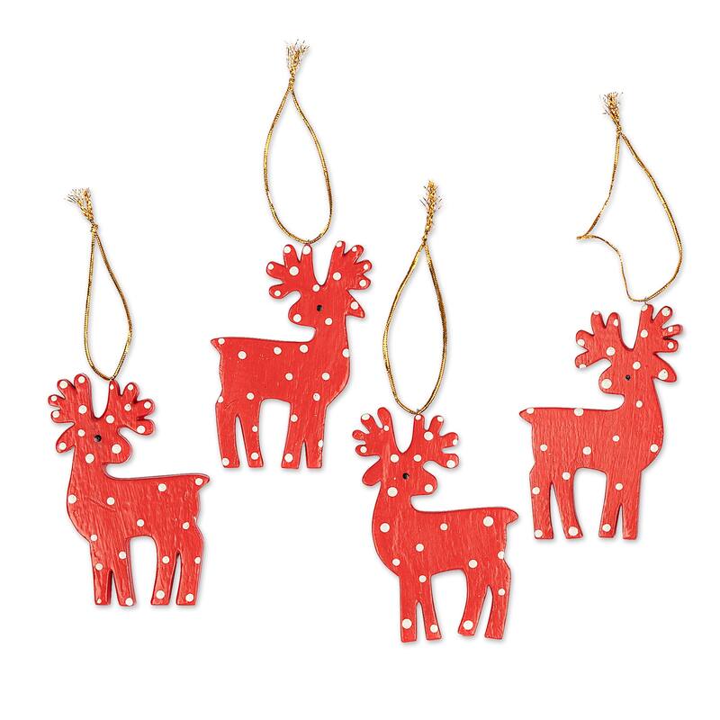 Novica Handmade Cheerful Polka Dot Reindeer Wood Ornaments (Set Of 4)