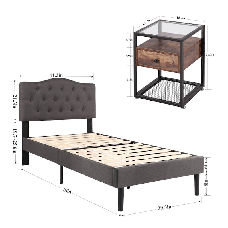 Taomika 3-pieces Height Adjustable Upholstered Bed and Modern Tempered Glass Nightstands Set