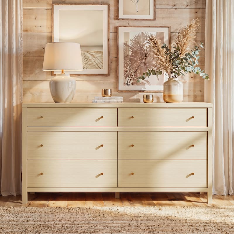 63” Solid Wood 6 Drawer Dresser – Semi-Assembled Modern Farmhouse Wide Chest with Soft-Close Undermount Slides