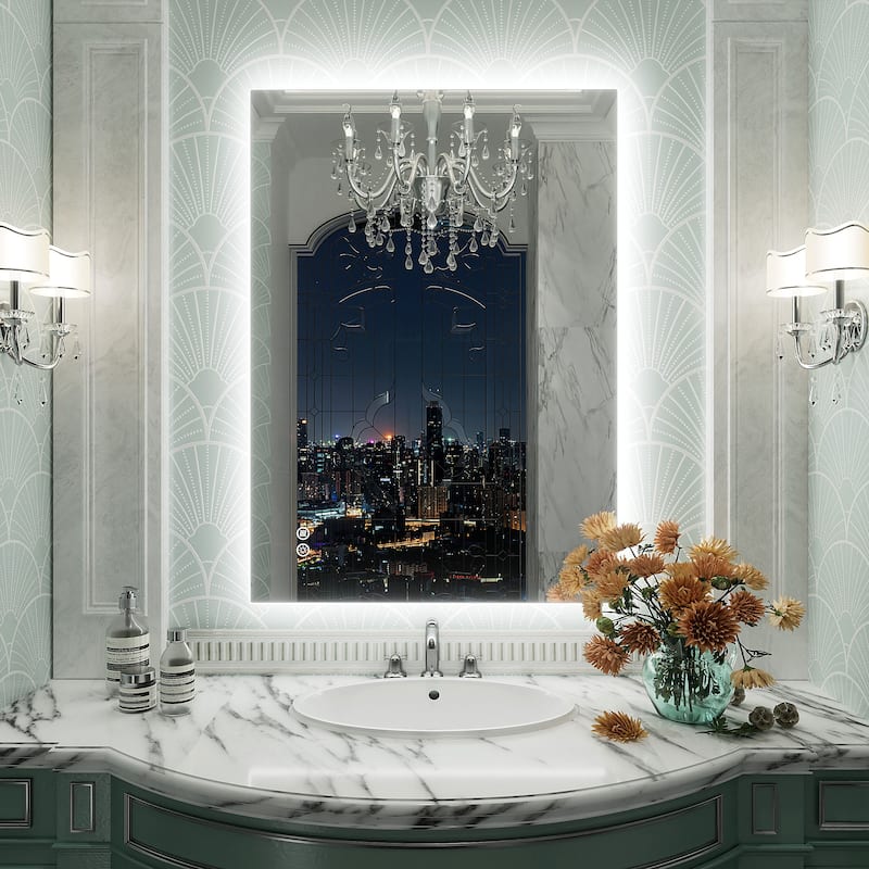 Frameless Anti-Fog 3 Colors Dimmable LED Backlit Wall Bathroom Vanity Mirror - 28" x 20"-Rectangular