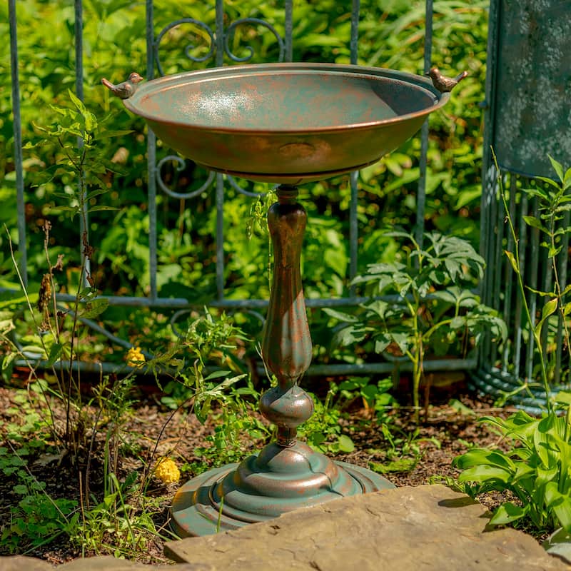 Round Pedestal Birdbath with Bird Details - Brown