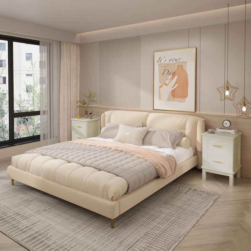 Modern Nightstand with 2 Drawers, Bedroom Bedside Table with Gold Handles, Sturdy Wood Accent Table