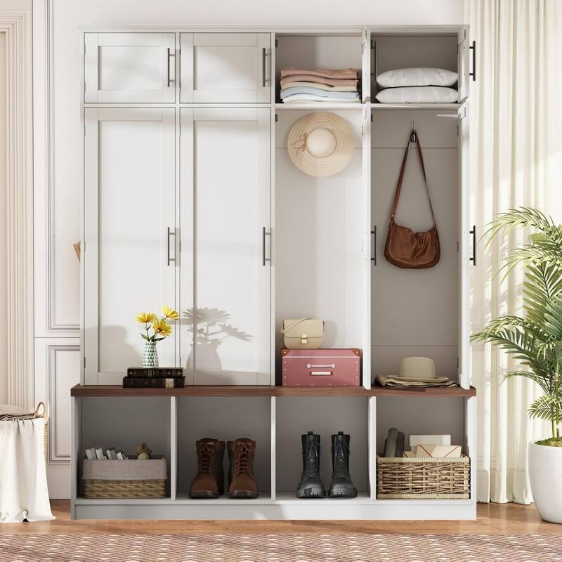 75"H Hall Tree with Walnut Storage Bench，Entryway Shoe Cabinet with Open Compartments and 8 Doors, 4 Hidden Hanging Hooks - White