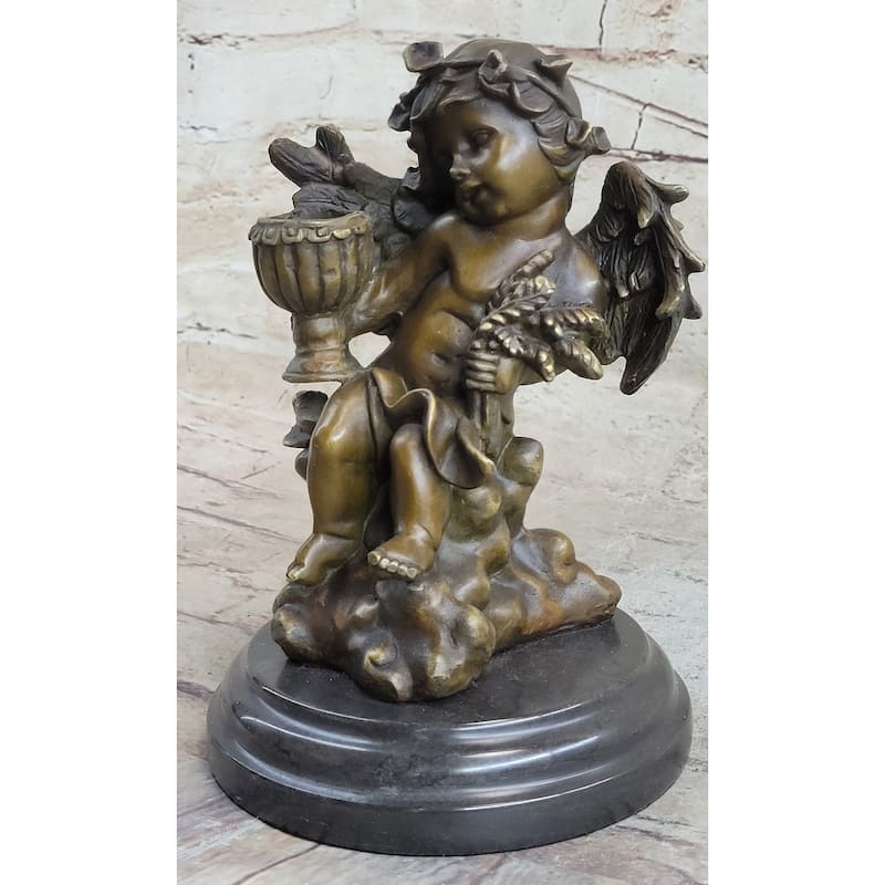 Handmade Cherub Holding Celebration Cup 8.5 Inches Bronze Candleholder Religious