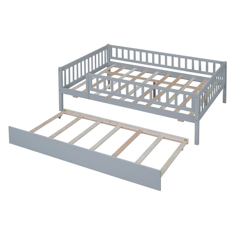 Full Size Wood Daybed with Trundle and Safety Guardrails, Space-Saving Design