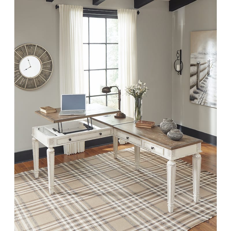Realyn Antique White/Brown 2-Piece Home Office Lift Top Desk