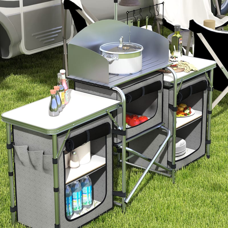 Outsunny Camping Kitchen Table, Portable Folding Camp Kitchen, Aluminum Cook Station with 3 Fabric Cupboards, Windshield