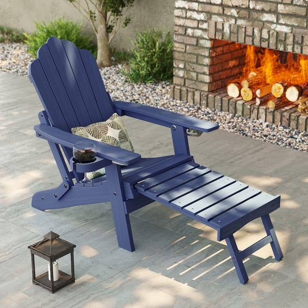 slide 2 of 49, Bonosuki Folding Adirondack Chair with Retractable Ottoman and Cup Holder Lawn Outdoor Lounge Chair Navy Blue