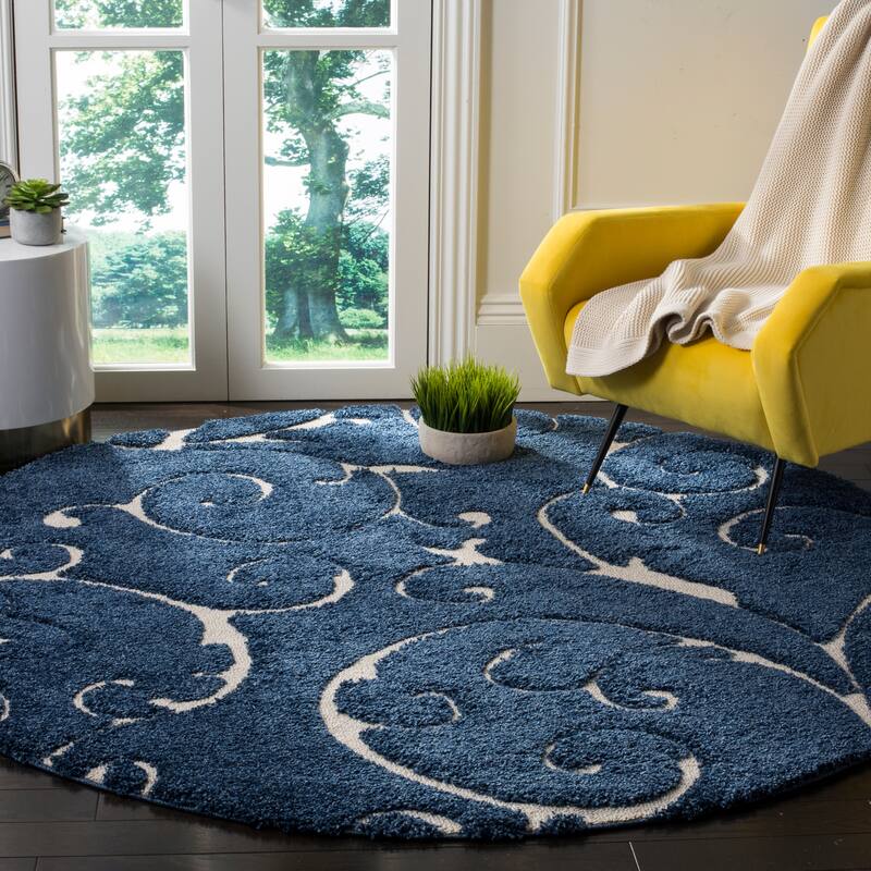 SAFAVIEH Florida Shag Shahin Scroll 1.2-inch Thick Textured Rug - 6'7" x 6'7" Round - Dark Blue/Cream