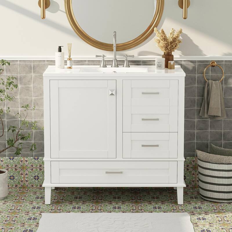 Elegant 36-Inch Bathroom Vanity with Undermount Ceramic Sink, Soft Close Storage Drawers, Silver Handles - Contemporary Look