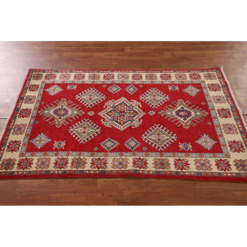 Traditional Kazak Oriental Rug Hand-Knotted Geometric Wool Carpet - 3'2"x 5'2"