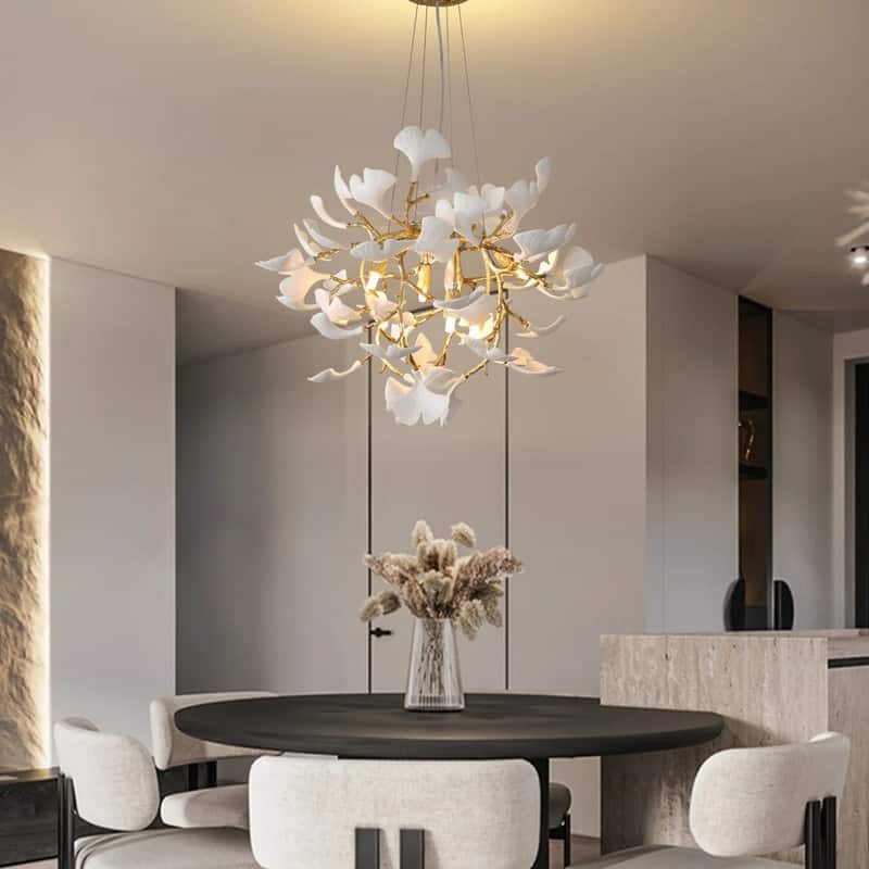 KAYLA Modern Gold Tree Branch Ginkgo Leaf Chandelier - 55" Rectangle Ceramic & Aluminum Design