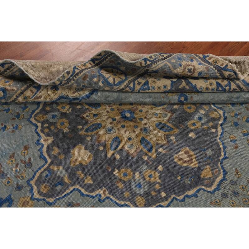 Blue Tabriz Persian Area Rug Oriental Floral Hand-Knotted Wool Carpet - 7'10"x 10'9"