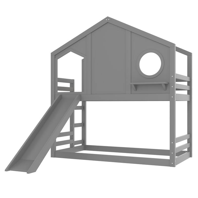 Playful House Bed Kids Twin Over Twin Bunk Bed with Shelf and Slide