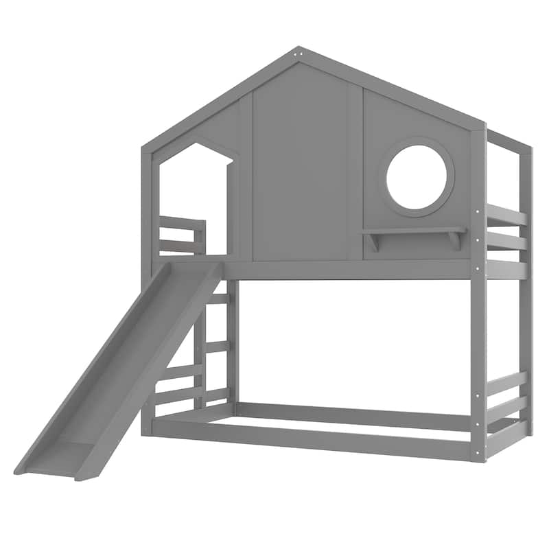 Twin House Bunk Bed with Slide & Storage Shelves - Solid Wood, Childlike Design, Window