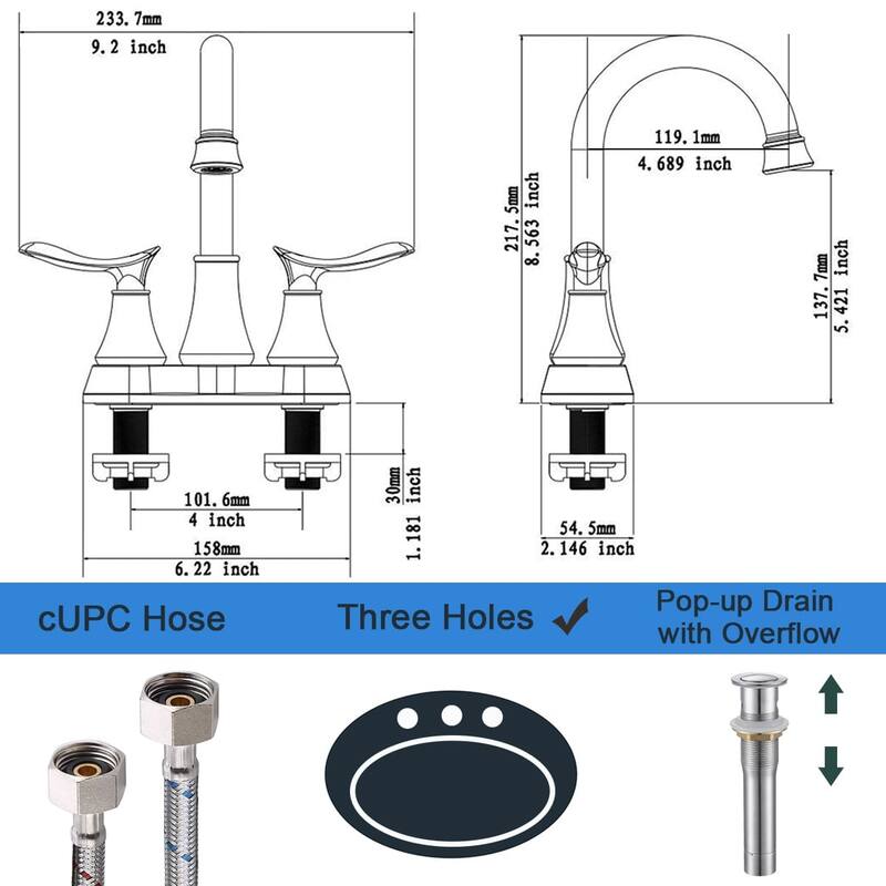 4 Inch Centerset Bathroom Sink Faucet Dual Handle Bathroom Faucet with 360°Swivel Spout Vanity Tap with Pop Up Drain