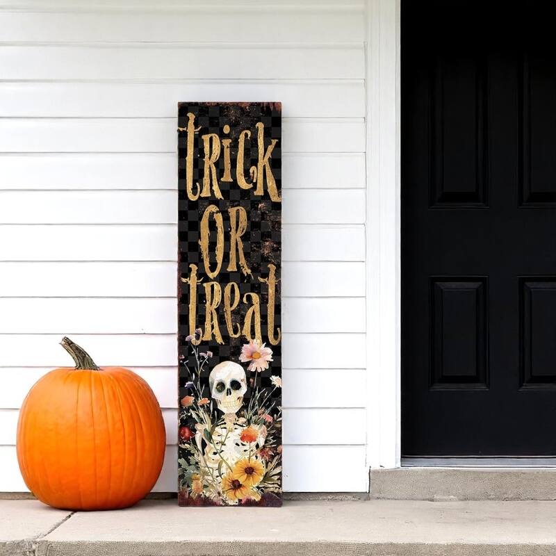 HomeRoots 36" Black And Gold Solid Wood Trick or Treat Halloween Skeleton Porch Sign - Gold/Black - Wood