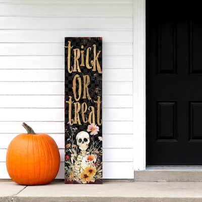 HomeRoots 36" Black And Gold Solid Wood Trick or Treat Halloween Skeleton Porch Sign