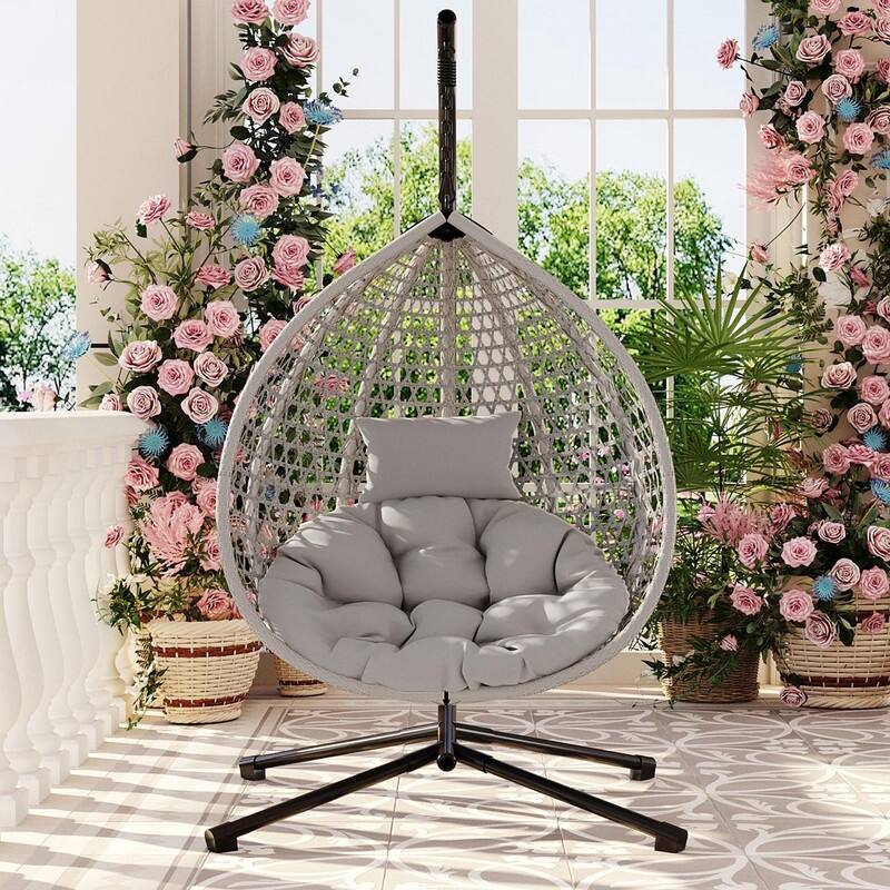 Wicker Hanging Egg Chair for Indoor and Outdoor Relaxation - Grey