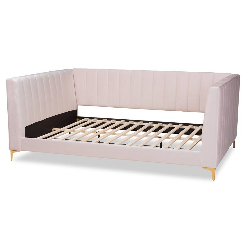 Pink Velvet Upholstered Queen Daybed with Channel Tufting and Gold Metal Legs, Glam Contemporary Bedroom Piece