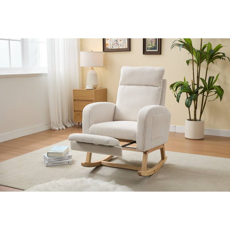 Rocking Chair with Wood Legs, Upholstered Nursery Glider Rocker, Comfy Armchair with Side Pocket, Living Room Lounge Arm Chair