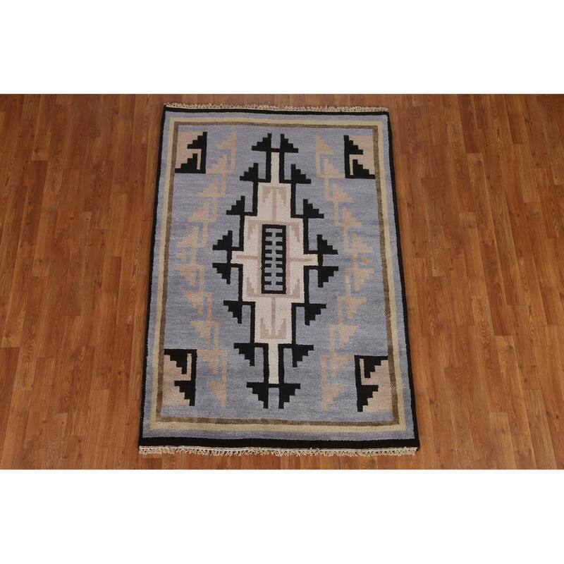 Hand Knotted Oriental 100% Wool Carpet Tribal Navy Blue & Blues Area Rug - 5' 10'' X 4' 0''