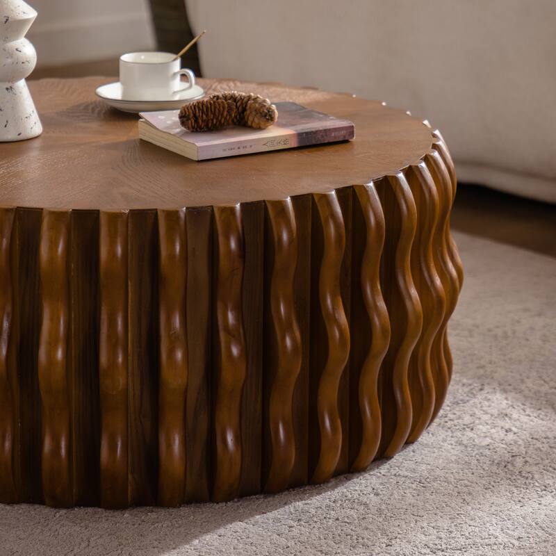 Roomfitters Modern Drum Fluted Round Coffee Table, Mid Century Center Table with Sturdy Pedestal for Living Room, Natural Wood