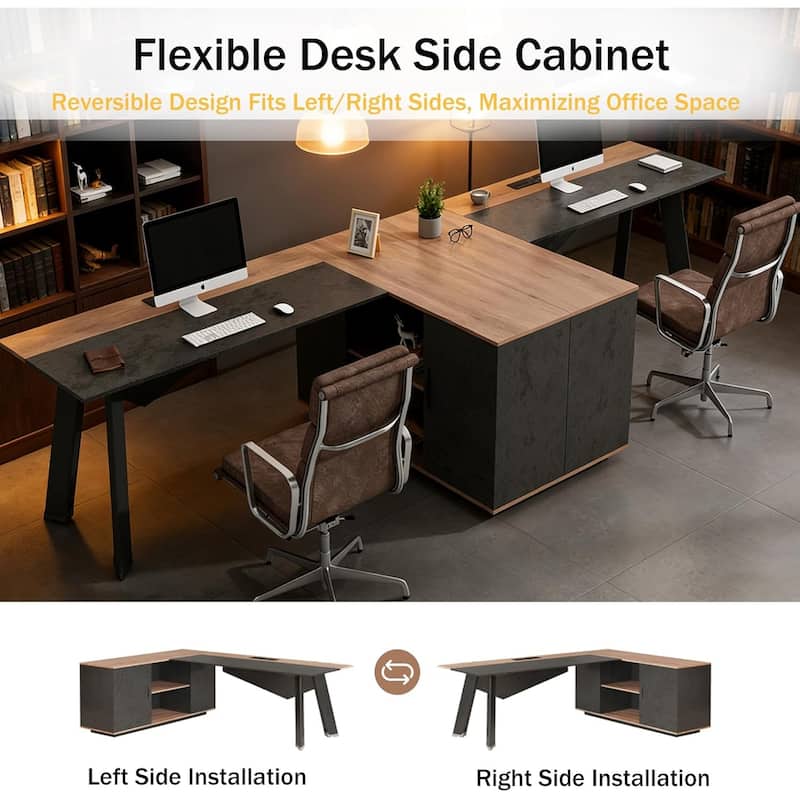 WESOME 63" Modern Executive Desk with 47" lateral File Cabinet, L-Shaped Desk with Storage Shelves and Doors