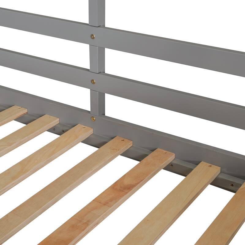 Twin over Twin Size Solid Wood Bunk Bed Wood Bed with Roof, Window, Guardrail, Ladder