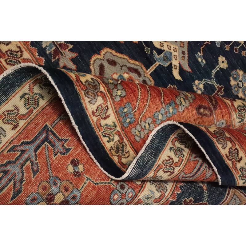 Hand Knotted Oriental 100% Wool Carpet Traditional All-Over Navy Blue & Blues Heriz (serapi) Area Rug - 13' 8'' X 10' 1''