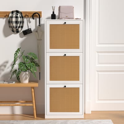 Anmytek 3 Layer White Wood Rattan Shoe Cabinet with 3 Flip Drawer Narrow Shoe Storage Organizer
