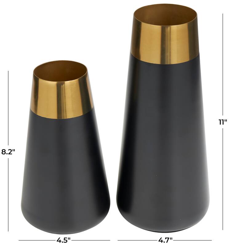 Stainless Steel Metal Vase with Gold Rims - Set of 2 Black - Roche River Decor - 5"W x 5"L x 11"H