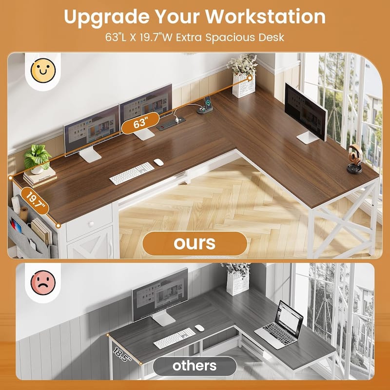 63" L Shaped Desk Corner Office Desk with Drawer Computer Desk